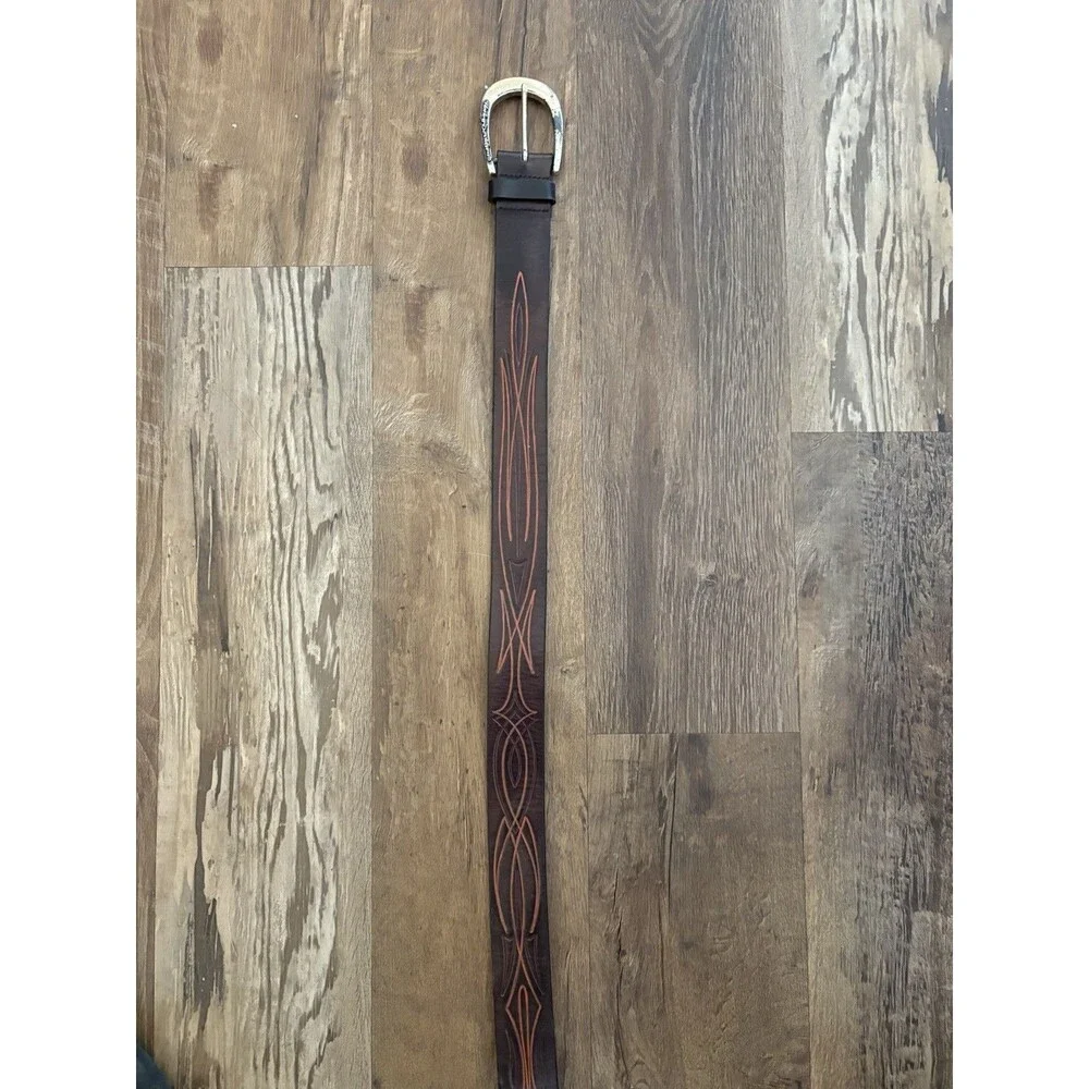 Harley-Davidson Mens Leather Belt 40” Brown Red Pinstripe Horseshoe Buckle VTG